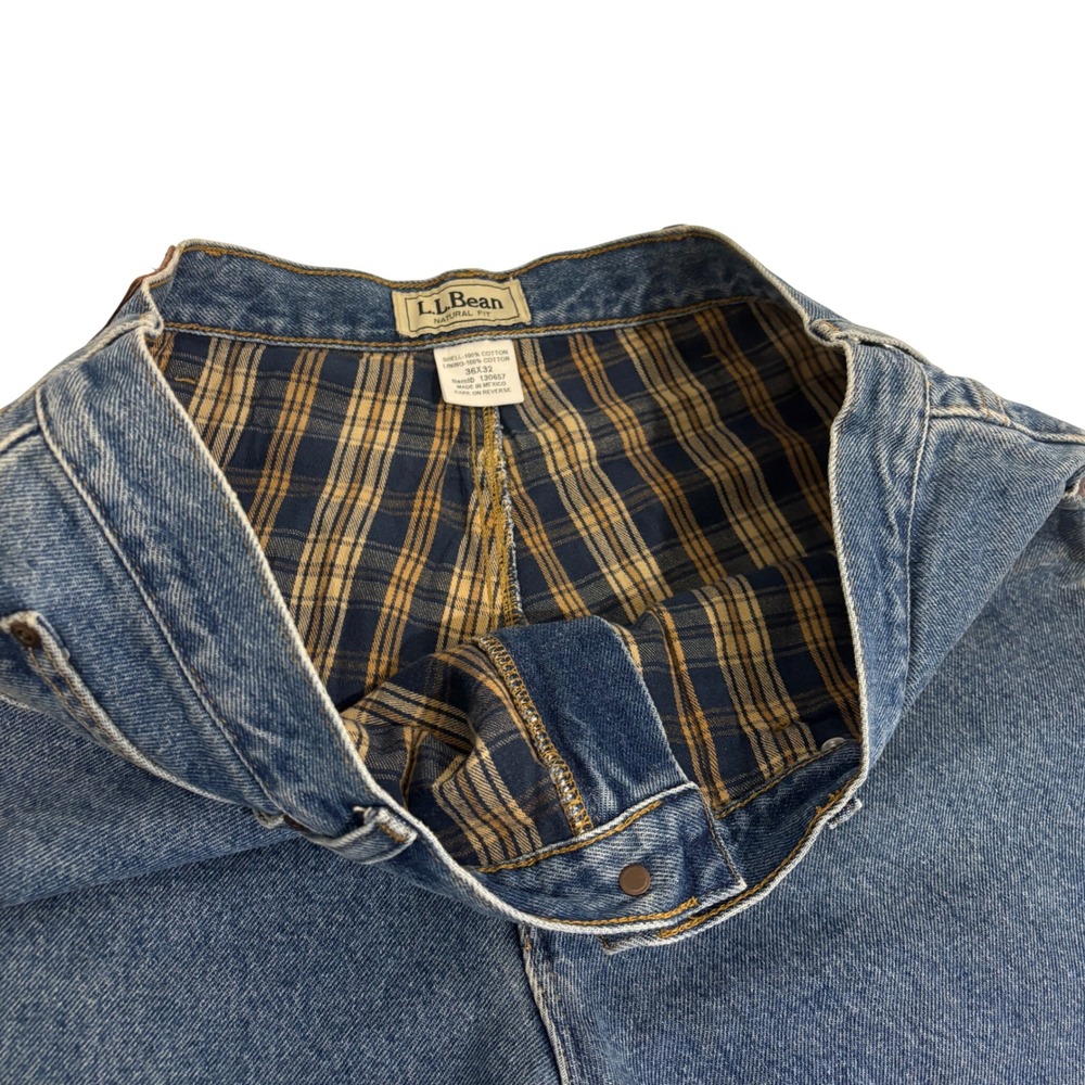 LL Bean Plaid Flannel Lined Blue Jeans Mens L 36x32 Relaxed Fit in Seat Thighs